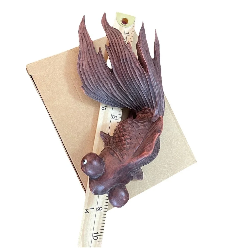 Hand Carved Wood Goldfish Figurine‎ Bubble Eye Sculpture Brown Nautical Decor